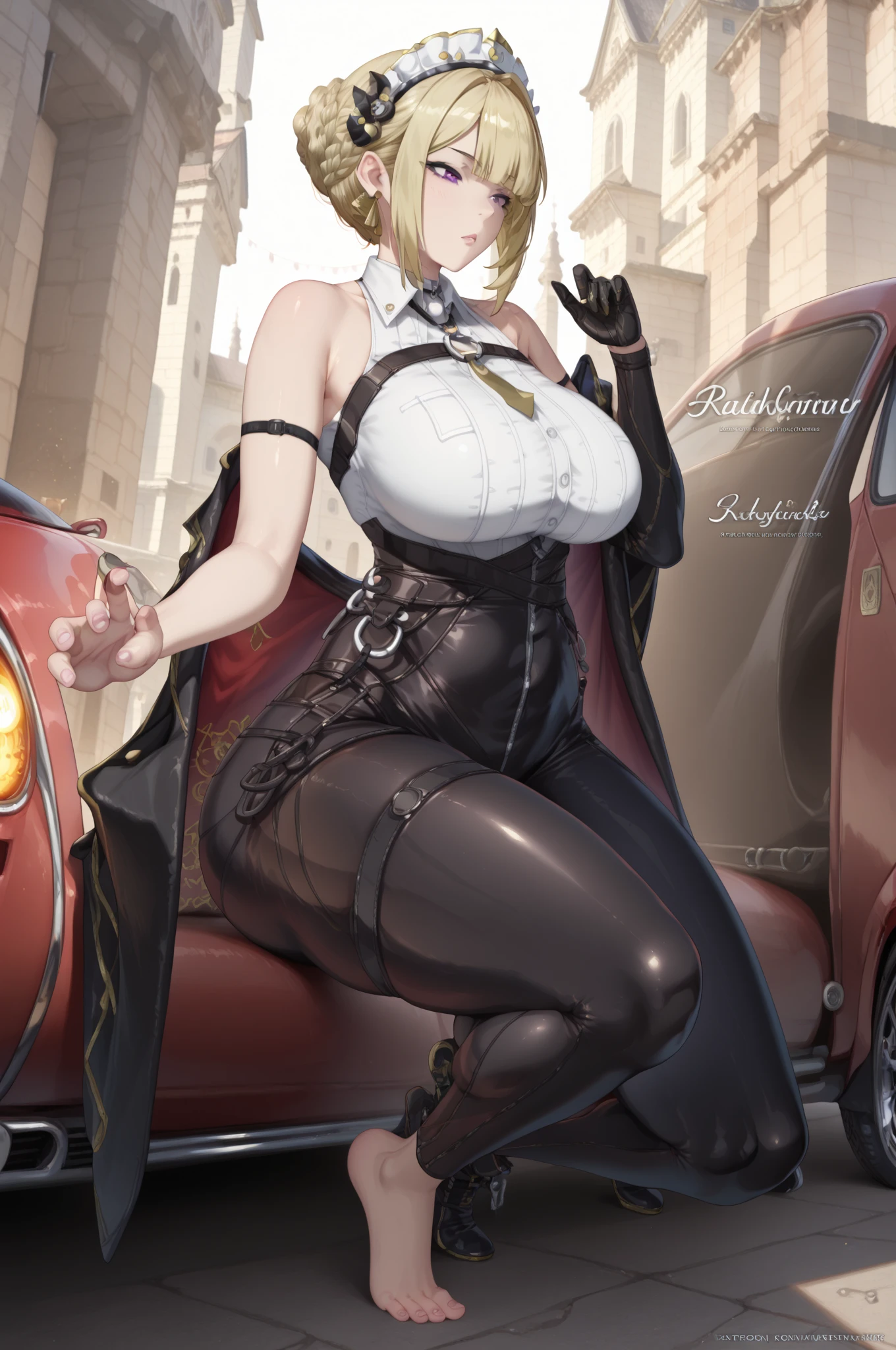 masterpiece, small size head, pinup, Stunning Blonde lady, pale skin, blue eyes, stunning, orgasm face,wearing Golden royal dress, she wear black stockings , she wear garter belt ,red stilettos ,thick calves, super thick legs , big ass. She is laying in the ground in poor african Town, there are a Lot of garbage and african homeless men.
