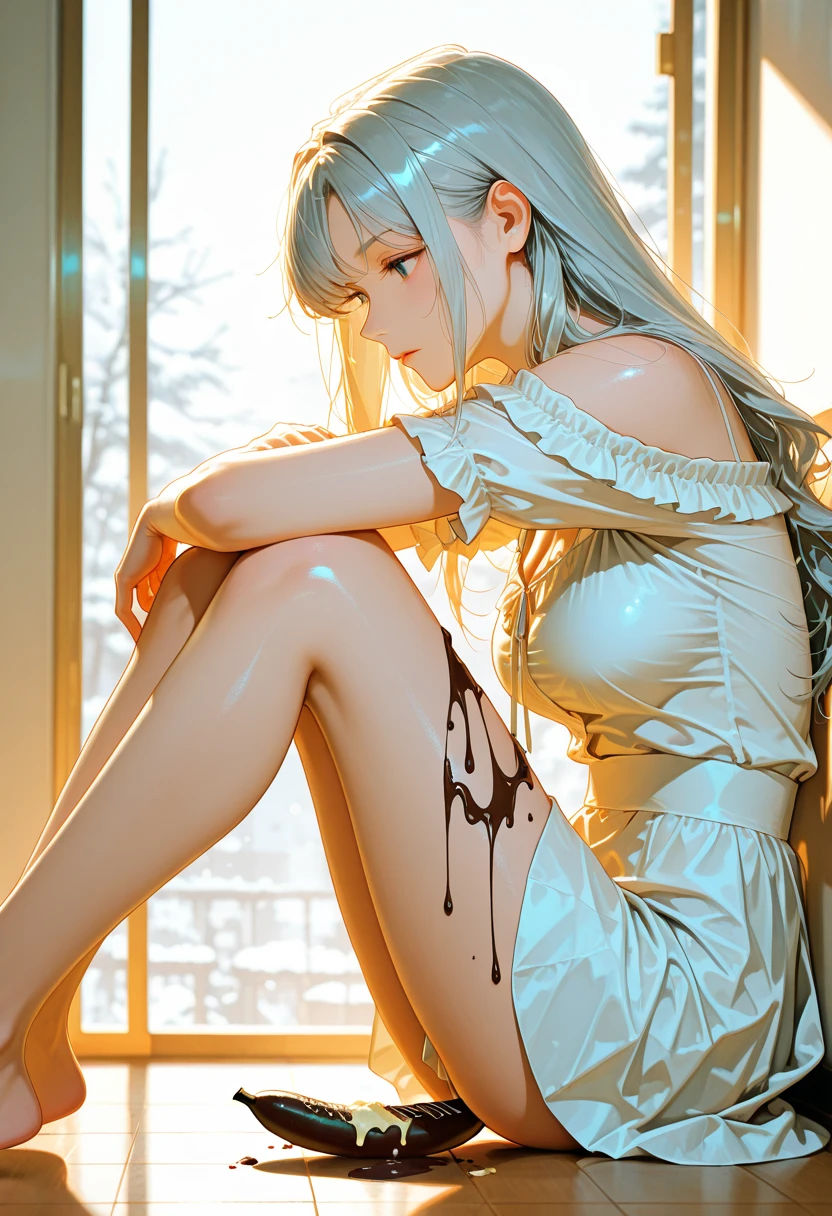 light-blonde hair，shift dresses，teens girl，White skin, Beautiful long legs，Exquisite facial features）（Sophisticated look）Background with，Milk liquid）