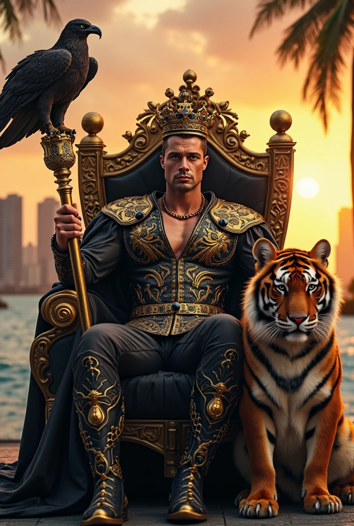 A handsome handsome man without a shirt, golden pants, skinny white skin in the desert with a falcon and two leopards sitting on a king's chair, desert palm tree behind a lake and a peacock