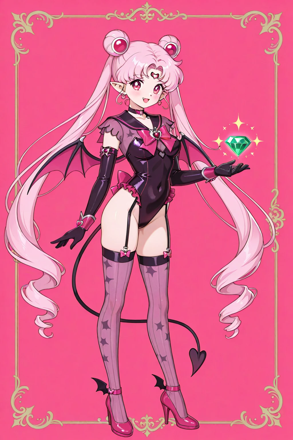 full body image of an anime style girl, the girl has a very thin body, the girl has short legs, the girl has a very , the girl smiles provocatively, the girl has white skin, the girl has very small breasts, the girl is slightly blushing, the girl has red ears shaped like bat wings, The girl has short purple hair, the girl is posing sexy, The girl wears a short, tight red latex suit, the girl has a thin black demon tail, At the tip of the girl's tail there is a black arrow, the girl is standing, the girl's eyes are bright red, the girl is smiling, the girl has bat wings full of spikes on her back, The girl has very marked black eyeliner on her eyes., the girl's expression is provocative, The background of the image is a garden at night with night lights and luminous plants,