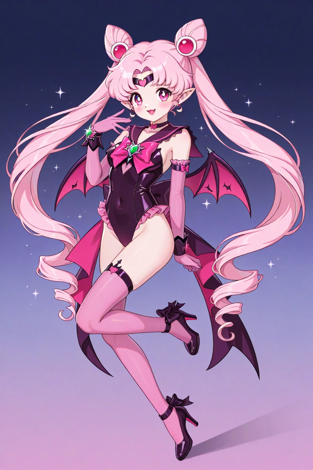 shortstack, small girl, wide hips, pointy ears, full body, standing, revealing gloves, drill hair, twintails hairstyle, pink leotard, curvy, blonde hair, white long socks, little crown, high heels, long white gloves, pink ribbons