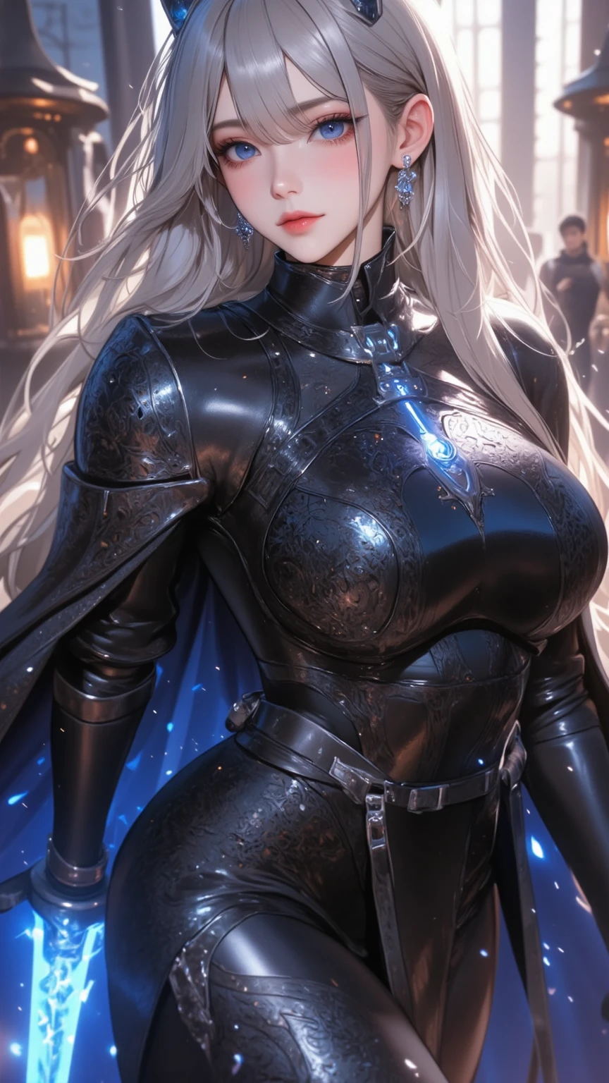 female, solo, young, sexy body, voluptuous figure, tightsuit, white hair, decolored blonde hair, ice effects around, ice queen, beautifull face, long hair, defined body, yellow and bright eyes, thick legs, strong legs, tall, Voluptuous legs, huge ass, big hip, big ass, female sorcerer, blue and black robes,