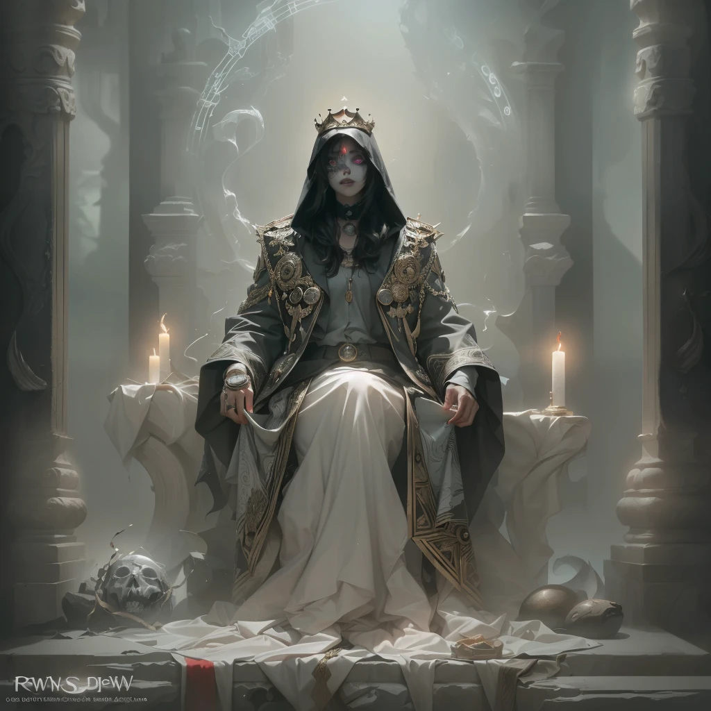 King of the dead sitting on the throne, king of the dead with a crown of bones, web, black robe,  with a black blade in his hand, fantasy, dramatic photo, dynamic photo, full body view,  model poses, blurred background, highly detailed, ultra-realistic, 8k, (realistic:1.3), poster, intricate details, painting \(artwork\), ((masterpiece,best quality)), ((cinematic light)), hyperealistic, fearsome, dark fantasy \(style\), detailed armor, detailed helmet, eight hands,  eight eyes, terrible, scary, ugly, (dark shot:1.17), epic realistic, faded, ((neutral colors)), art, (hdr:1.5), (muted colors:1.2), hyperdetailed, (artstation:1.5), cinematic, warm lights, dramatic light, (intricate details:1.1), complex background, (rutkowski:0.8), (teal and orange:0.4)