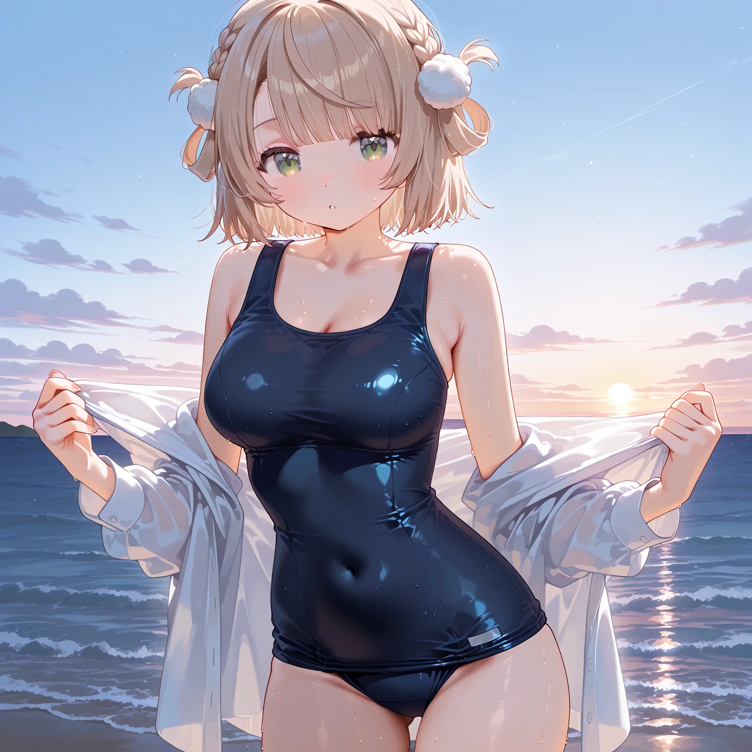 (NSFW:1.1), masterpiece, Highest quality, Ultra-high resolution, Highest Resolution, Very detailed, cowboy shot, very cute, Complete limbs, Shining Eyes, Full Finger, Slender beauty, Tiny breasts, Blonde Bun Hair, Embarrassed look, Writhing expression, White school swimsuit, Glowing Skin, sexy pose, beach, Bubble, (Wind:1.2)