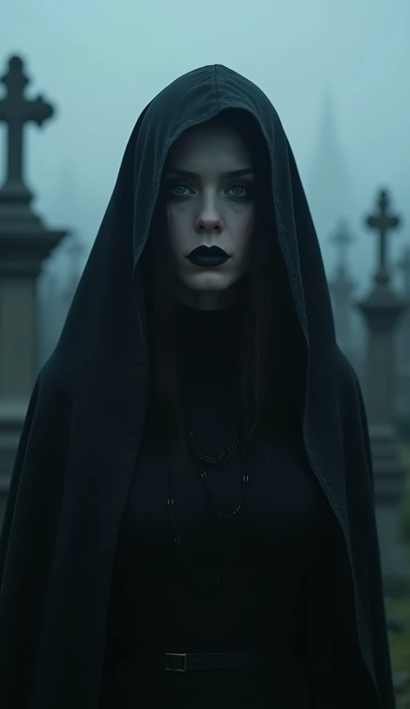 A pre teen old girl with pale skin and long, straight black hair. large and dark eyes , with an intense and enigmatic expression. wearing a witch dress but black without hat, with a more elegant and sophisticated touch, something that matches her mysterious and strong personality. Overall, her appearance would be striking, attracting curious and intrigued looks. flat chested, cinematic lighting, chromatic aberration, backlighting, masterpiece, high details, high quality, 4K.