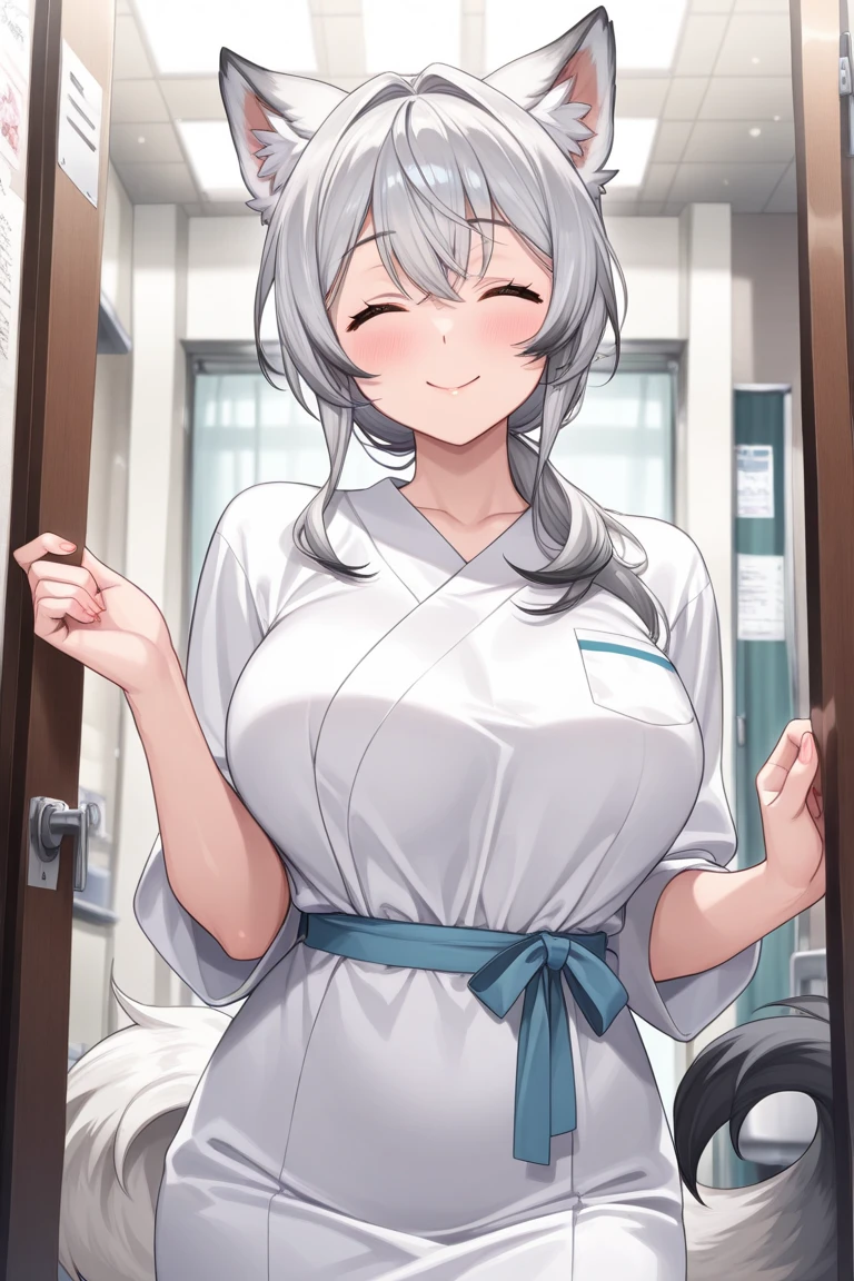 (((masterpiece))), ShizukaMikazuki, One Girl, alone, View your audience, Long Hair, Gray Hair, ((close your eyes)), Cleavage, (Very large breasts),clavicle, Mature Body,Glamorous body,Trained abdominal muscles,Make your face a little smaller,Enlarge your breasts,tall,Blushing,Laugh shyly,Sweaty all over,White Breath,Charm choker,Earrings,Detailed expression of fingers,Night view bed,blue eyes,High Ponytail,Make your lips bigger,thicken lips,Pink red lipstick,Exposed nipples,Open your mouth,please lift your chin,(Pink Nails),Tilt your head,(White bathrobe),(relaxing after a hot bath),smile,Put your hands on your face