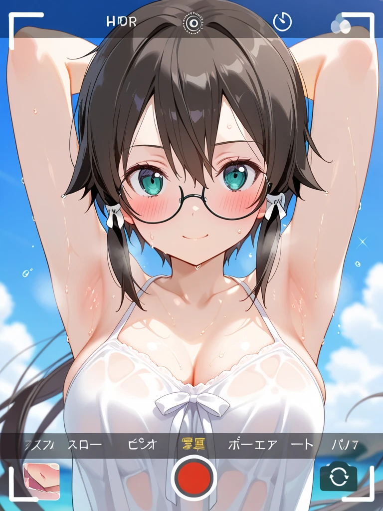 1 woman, alone, 8K, masterpiece,, Masterpiece, 8ก, (big breasts:1.5), Cute face, Not smiling , look at the audience., , (nipple:1.6), (hairy:1.8), blue panties, Show some shirts.. ,