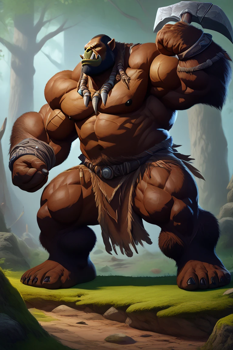 solo, breath (ultra detailed), a beautiful and detailed full size portrait of a female anthro gorilla, oozaru, brown fur, fur body, monkey tail, red eyes, close up view, glowing eyes, empty eyes, tail, bedroom eyes, detailed eyes, big body, sexy body, (wide body). goddess, kenket, Ross Tran,ruan jia, trending on artstation,foxovh, cenematic lighting, front view, big breaths, huge , big , big , big , day, tree, (((stone wall, grass, seductive, pose, standing))), curvy figure, (((pink saiyan armor, black undershirt, black underwear, nipple outline)), angry, open mouth, blush,