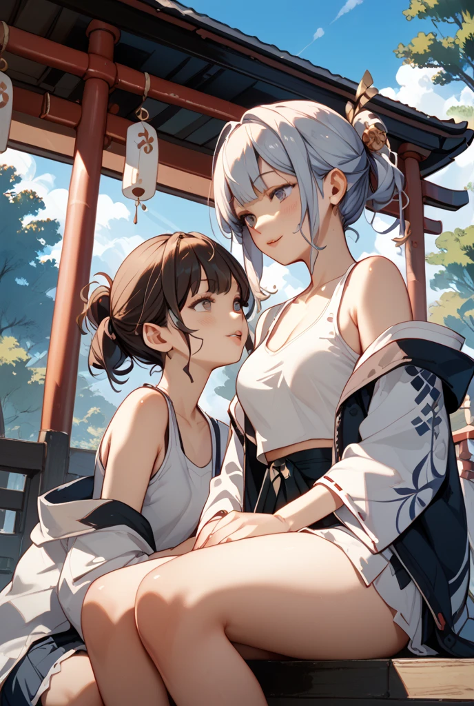 (2girl:1.5),(Little Girl:1.5),(young mother:1.3),half nude,Provocative,(micro yukata:1.3),nipple visible,Girls of short stature,(Small breasts:1.3),glasses,Clothes are see-through,Spoiled Girl,on night festival,Lesbian,Dialogue and speech bubbles,
