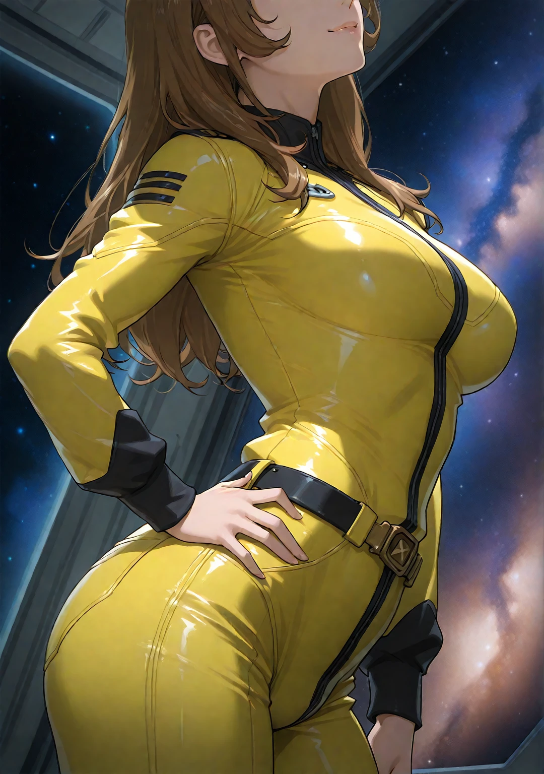 8K, 1girl,spaceship,bodysuit, night,passage, space, huge breasts, hard, arms behind the head, watch viewer, , solo focus, full body, (masterpiece:1.4),(best quality:1.4),(shiny skin),steamed body, crotch penetration, mid-waist, crotch