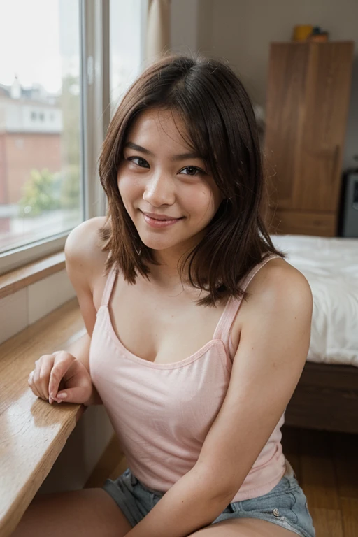 In front of the white wall of a stylish white hotel room with the morning sun shining in、On the bed、18-year-old female、Realistic Skin、((Dark Eyes))、A shy smile、Medium Short Hair、Grey T-shirt、Yoshitomo Nara, shikamimi, Chiho, mayuri shiina, A real young gravure idol, beast, , Kotegawa Yui, 8k、narumi kakinouchi