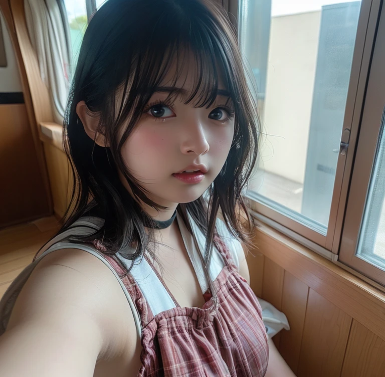 Highest quality, masterpiece, 4K Ultra High Resolution,Detailed face:1.6,(((Face Focus:1.6))) (Realistic:1.6), (Portrait of a man kneeling with legs apart) RAW Photos, 1 girl, 20-year-old,((Bra top and light pink checked uniform miniskirt)),((Ponytail and hair tie)),,((Looking up at the audience)),((Image Media Chest)),((Smiling with teeth showing)),((Shooting from above with a fisheye lens:1.4))