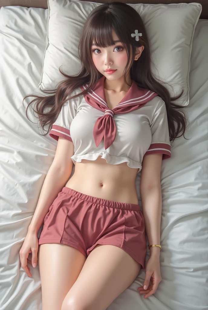 Sleeping Girl, 20 years old, Realistic,Sailor Moon Cosplay,Open legs, Expressions of satisfaction and relief, Brown hair. Pink bed theme and some cute stuffed animals on the bed,An ultra-high picture quality,high-detail,Get up,