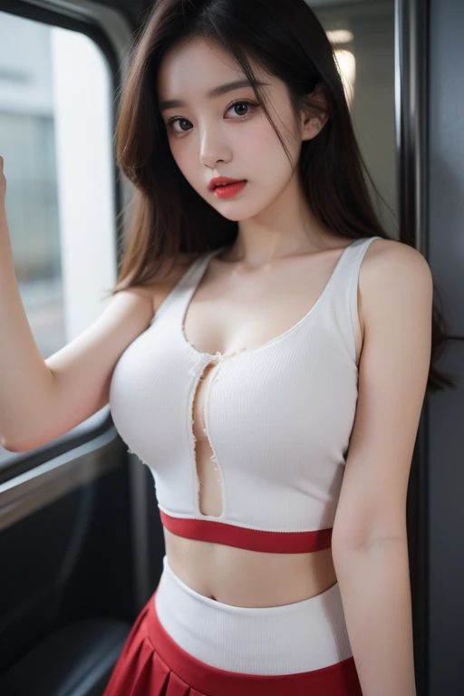 High resolution,Highest quality, shape, Very detailed, In detail, High resolution, 8k wallpaper, Thick lips、Perfect dynamic composition, Glossy with oil々skin、Korean、nsfw、under boob、Belly button piercing、Pink small mini T-shirt、Pink satin short skirt、White panties、,Thick thighs、Tight waist、Large Breasts、 Large Breasts、Natural color lip, Bold sexy pose,Inside the car、cute、Selfie、Browsing Caution、Inceme、upward angle、Selfie、plump、Spread your legs