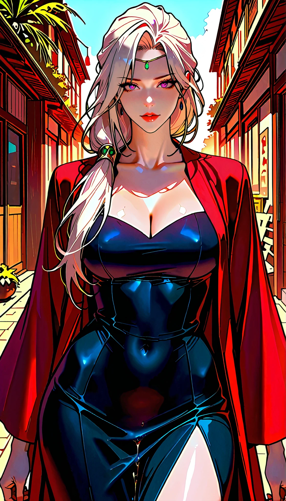 ((masterpiece)), Highest quality, Very detailed, master piece, best quality, score_9, score_8_up, score_7_up, source_anime, beach, coconut trees,Yuhongyan, purple eyes,long hair, white hair,hair ornament,black dress, slit dress, senter slit dress, slit from senter dress, red robe, wide sleeves, standing, exposed pussy, pussy, pussy juice, tight pussy, leaking pussy juice, pussy juice drip, milf, mature female, looking at viewer, nsfw, Score_9, Score_8_up, Score_7_up, Score_6_up, Score_5_up, Score_4_up, Source_anime, Tag1, Tag2, Best quality, High quality, Detailed, High resolution, 8k, Ultra high res, Soft saturation, Professional quality, Perfect contrast, Perfect lighting, Anatomically correct, Huge breasted, Wide hips, Gargantuan butt, Sensual woman, mature female, milf, motherly, seductive BREAK Face focus, standing, (, fantasy magic world. wuxia world building in background)
