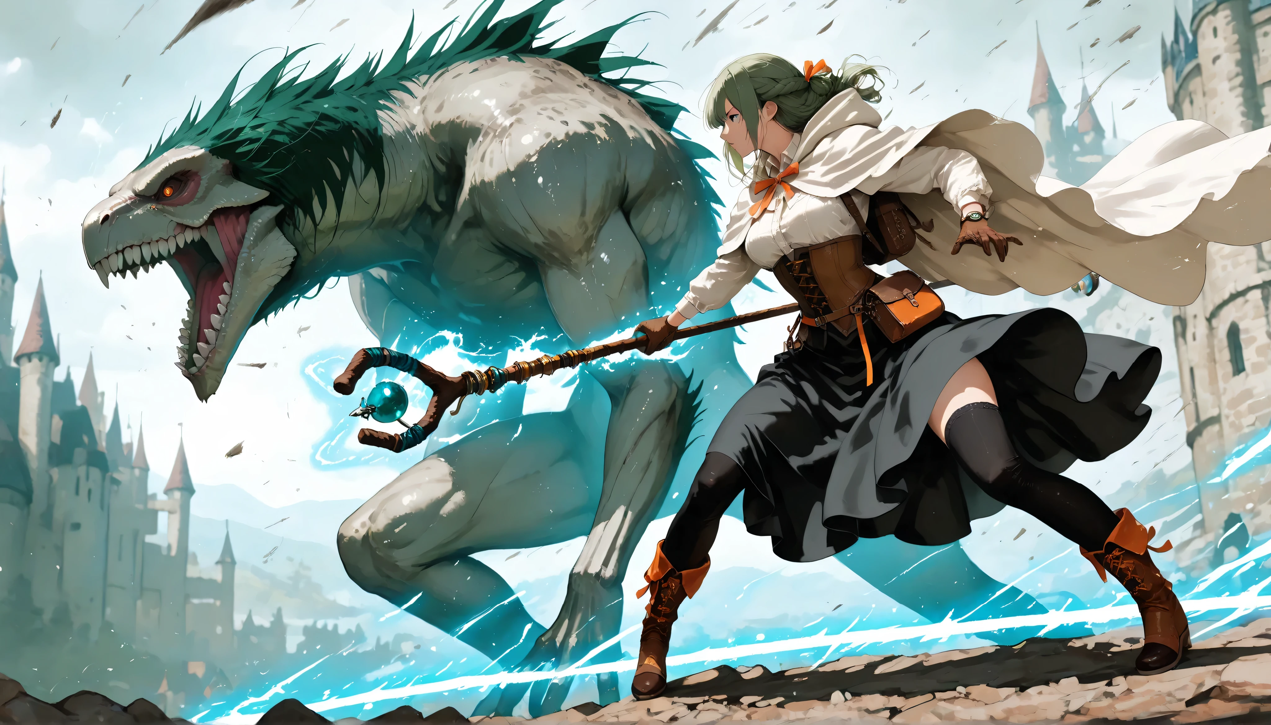 Masterpiece, 8k, fantasy world, female character, 1girl, high detailed cotton black dress shirt, (wind blows), silk long skirt, corset, glove, black thighhigh, boots, slender body, medium breasts, white long cloak with hoodie, one side braided long hairstyle, thin dark green hair, orange ribbon, many items, cinematic lighting, dramatic atmosphere, intricate details, vivid colors, fantasy landscape, medieval castle town, digital art, holding a long magic staff, watch on waist, back pack, hip bag, (magic attack:1.3), pigeon toed, looking at big monster, midday, (She dances with her staff, blitz down big monster one after another:1.3), battle scene, (dynamic action pose:1.2), spread legs, from side,