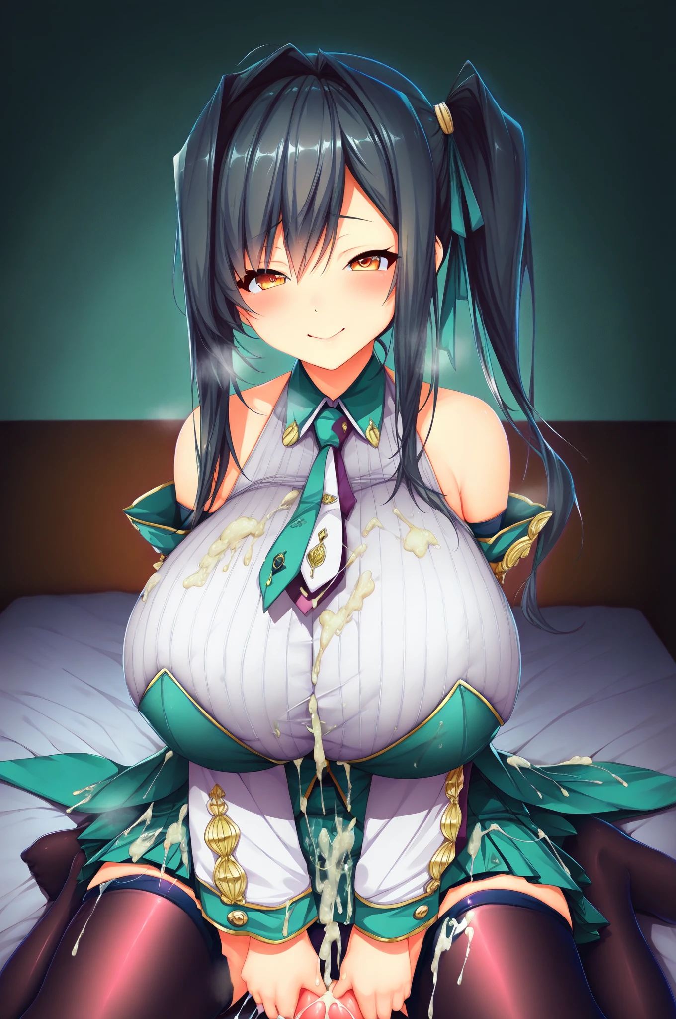 masterpiece, best quality, 1girl,littl smile,daiyousei, green eyes,green hair,wings,grey background,very huge breast,huge cleavage,snowing off her breast