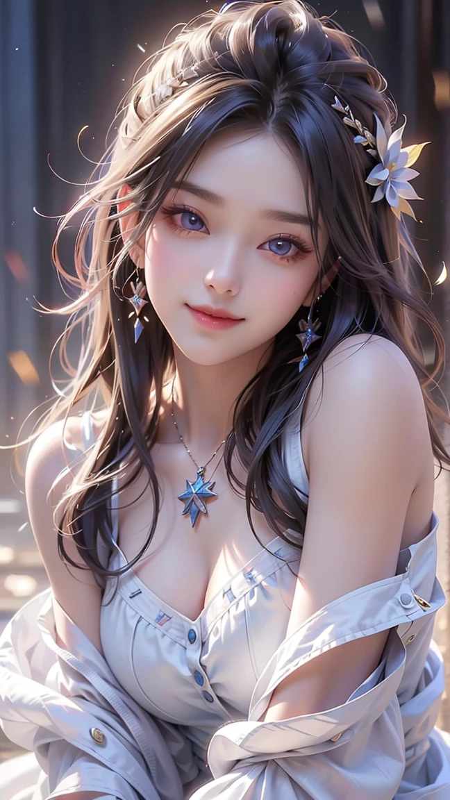 Beautiful girl story wrapped in love, Beautiful eye details, A captivating anime girl gracefully emerges from the pages of a watercolor painting, Her vivid and complex colors are, Bring your artwork to life, (see-through transparent clothes, Transparent costume:1.5), She wears a chest-opening fantasy costume decorated with delicate details,Fascinating worldview, Luminescent elements, Glowing crystals surround her like air, casting a soft, otherworldly glow,  The style of watercolor painting is、Imbues the image with a sense of fluidity and delicacy, as if the colors are effortlessly blending and bleeding into one another, Camera shot: medium shot, Soft Focus, luminescent glow　Lighting, watercolor brushstrokes, Sophisticated and very delicate anime illustration, unique colors, Portrait of an anime girl, Costume with open chest, Irridescent color,  beautiful girl illuminated by seven colors of light,