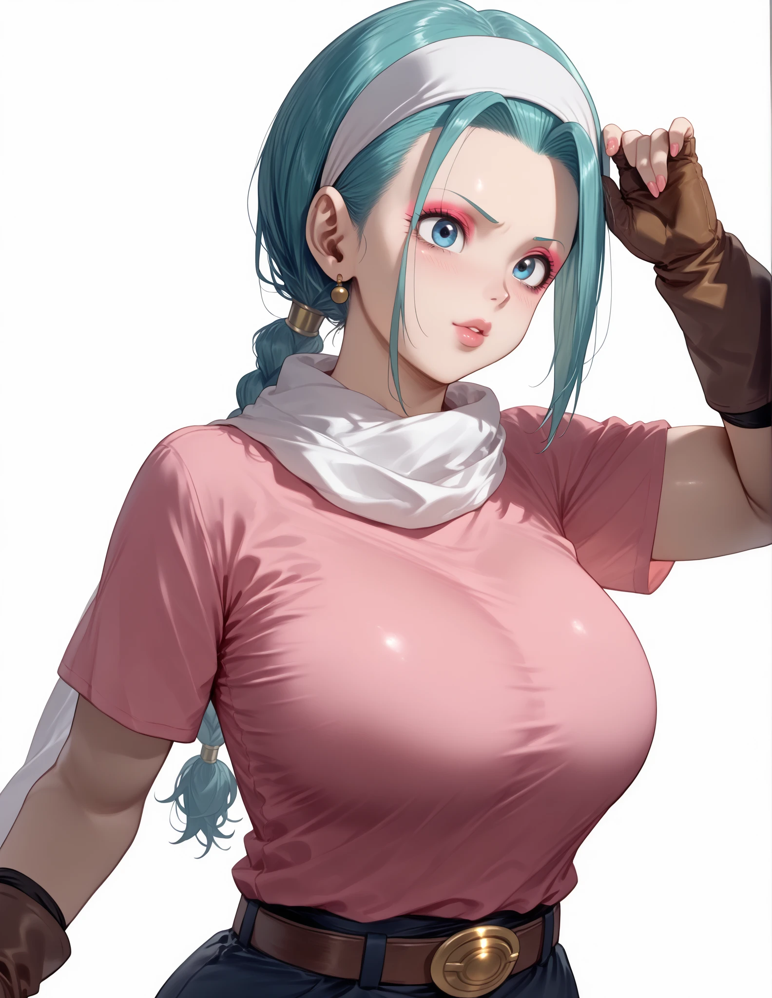 1 Female,High definition,high resolution,Ultra-realistic,8K, dragon ball, blmpony, aqua hair, hair ribbon, braided ponytail, pink shirt, belt, scarf, pink skirt, clothes writing, brown gloves,European,sexy,Upper body close-up,Photographed from the front,Dynamic Angles,private teacher,black underwear,(blush:1.3), medium tits , nipples ,(nipples),((show nipples:1.5)),((show tits:1.5)),(blush:1.3),evil, sad,(( perfect tits)),(wide thighs:1.4)