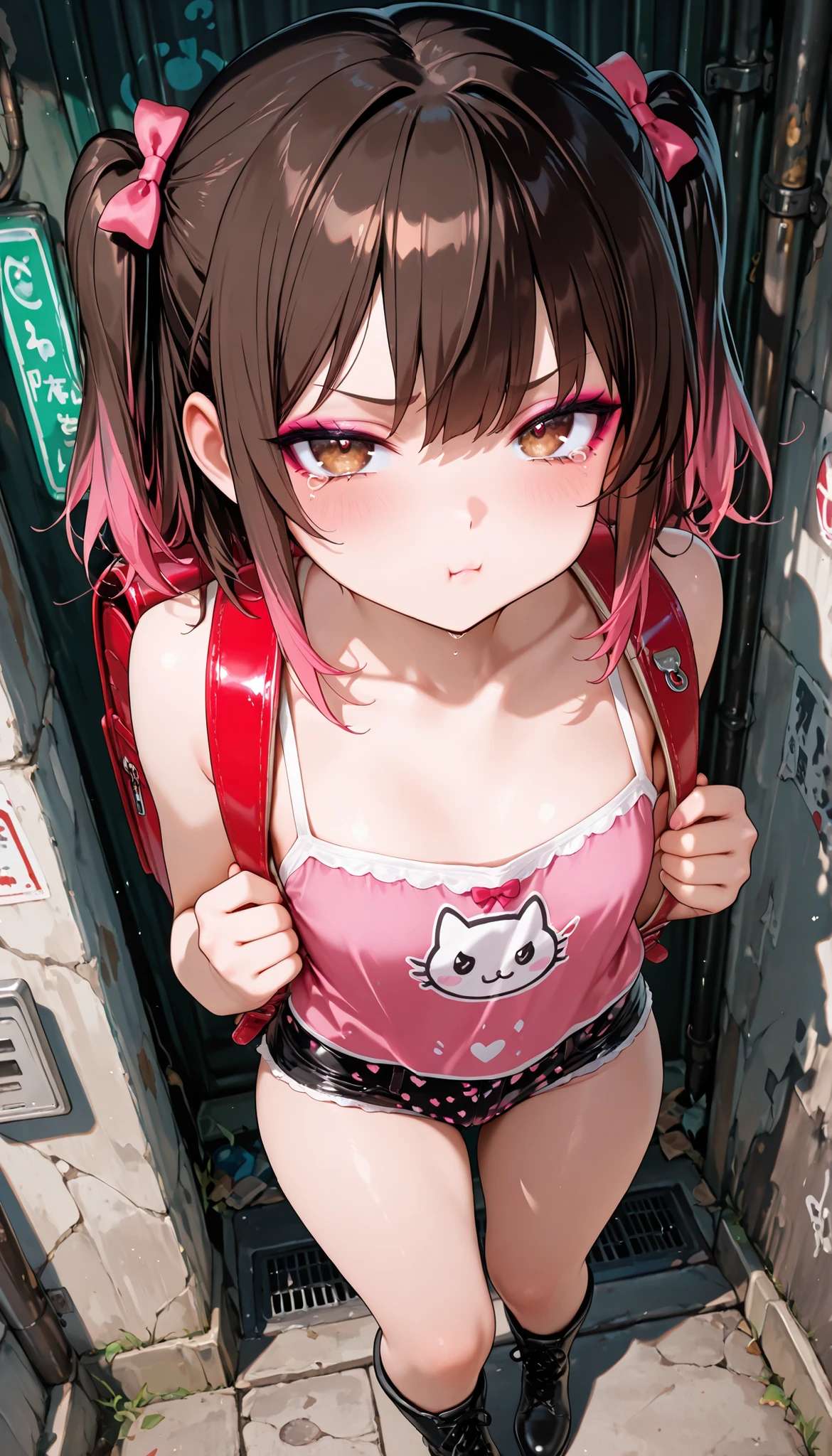 (masterpiece:1.3), 8K, best quality, ultra high resolution, (1 mesugaki girl), An anime girl with a mischievous expression, pout , tears , The background is a back alley, Prostitution, She has short brown hair with pink tips, two side up, Beautiful brown eyes with detailed reflections, and wearing black eyeliner and pink eyeshadow, She wears form-fitting silky camisole, and carrying (randoseru backpack), Micro shorts, print panties, black boots, High detail, vibrant colors, ultra-detailed anime illustration, dynamic perspective from above, mesugaki, pout , tears, confident pose, from front,