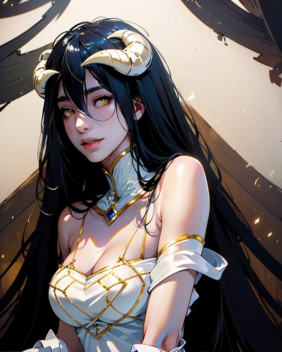(best quality), (high quality), (detailed), (absurd), (masterpiece), good artist, 1girl, albedo \(overlord\), white dress, hair between eyes, white horns, big breasts, looking at the beholder, ahegao, red eyes, long hair, black hair, slit pupils