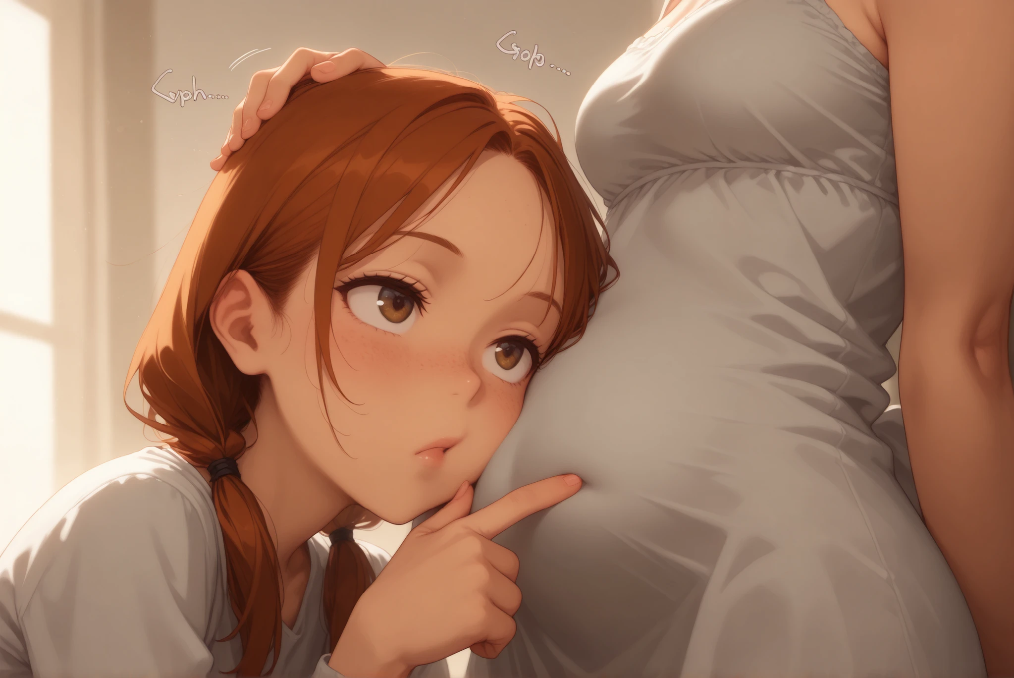 mature females, room, blouse, dress, pigtails, body silhouette,
facial wrinkles, freckles, moles, big mouth, detailed lips, visible forehead, skinny toned athletic body, slim physique,
dramatic lighting, underlighting, colorful,
sideview, from the side, profile, standing,
staring at belly, looking at belly, gazing at belly, quizzical face, curious face,
(short woman leaning next to another woman's belly, woman staring curiously at another woman's belly as she touches it, a short woman staring at her sister's belly while touching it), head on top of stomach, a woman presses her right ear against her sister's belly, side of the head pressing against her sister's belly, listening to her sister's belly, pressing ear to belly, leaning against belly, leaning her head against belly, head next to belly, head resting on belly, ear pressed to belly, ear pressed to belly, tummy listening, curious eyes, a girl is listening to her sister's stomach, one ear squeezed smooshed against skin),
staring at belly, looking at belly, gazing at belly, quizzical face, curious face,
rubbing another's stomach, touching another's stomach, one hand on another's stomach,
forefinger poking another's belly, one finger on another's belly, index finger gesturing to another's belly,
fully dressed, covered navel, covered belly, belly covered by clothes, clothes over belly, belly concealed, belly hidden,
digestion sound effects, "gurgle" and "slosh" and "glorp" sound effects,