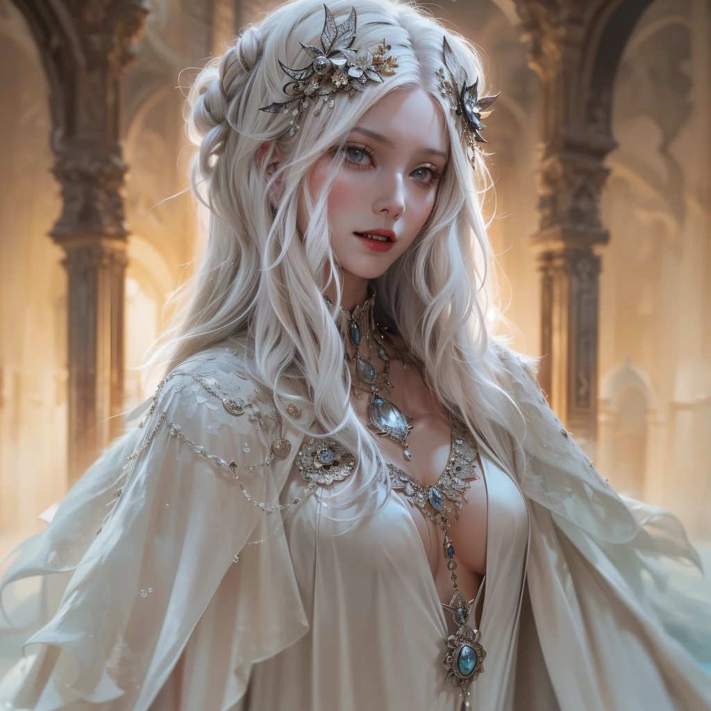 Renaissance oil puncture + my character is an elf woman with pale pinkish skin and red eyes + full, pink lips with strong features and a confident look + long light blonde hair + wear a black dress