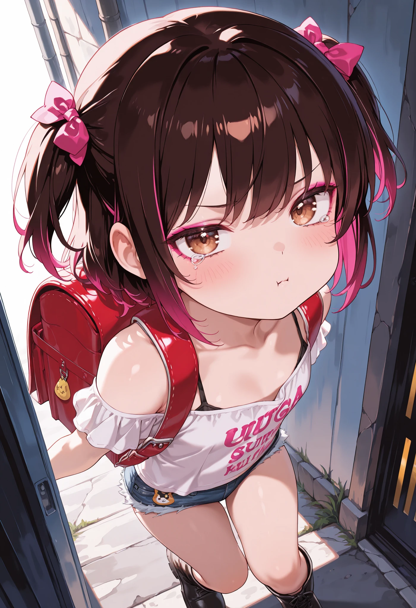 masterpiece, Highest quality, Nico_Yazawa,High resolution, 1 Girl, alone, Brown Hair, short hair, Twin tails、Purple eyes, Cowboy Shot, Frill dress, , Pink Dress, (Cleavage)、(Beautiful thighs)、city, Outdoor, garden, Carrying a red backpack, (randoseru backpack:1.2) Sweaty、Thick thighs、Highest quality、1 boy, hand job,penis、、Big Breasts、Big Breasts、Sweaty、Thick thighs、A lot of semen、Highest quality、4K、ejaculation、1girl, 10years old, loli, cute, grin, naughty smile, flat chest, cute children fashion、Ahegao、In the city、Many passersby are surrounding the girl.、、Thick thighs、projectile cum、Blowjob