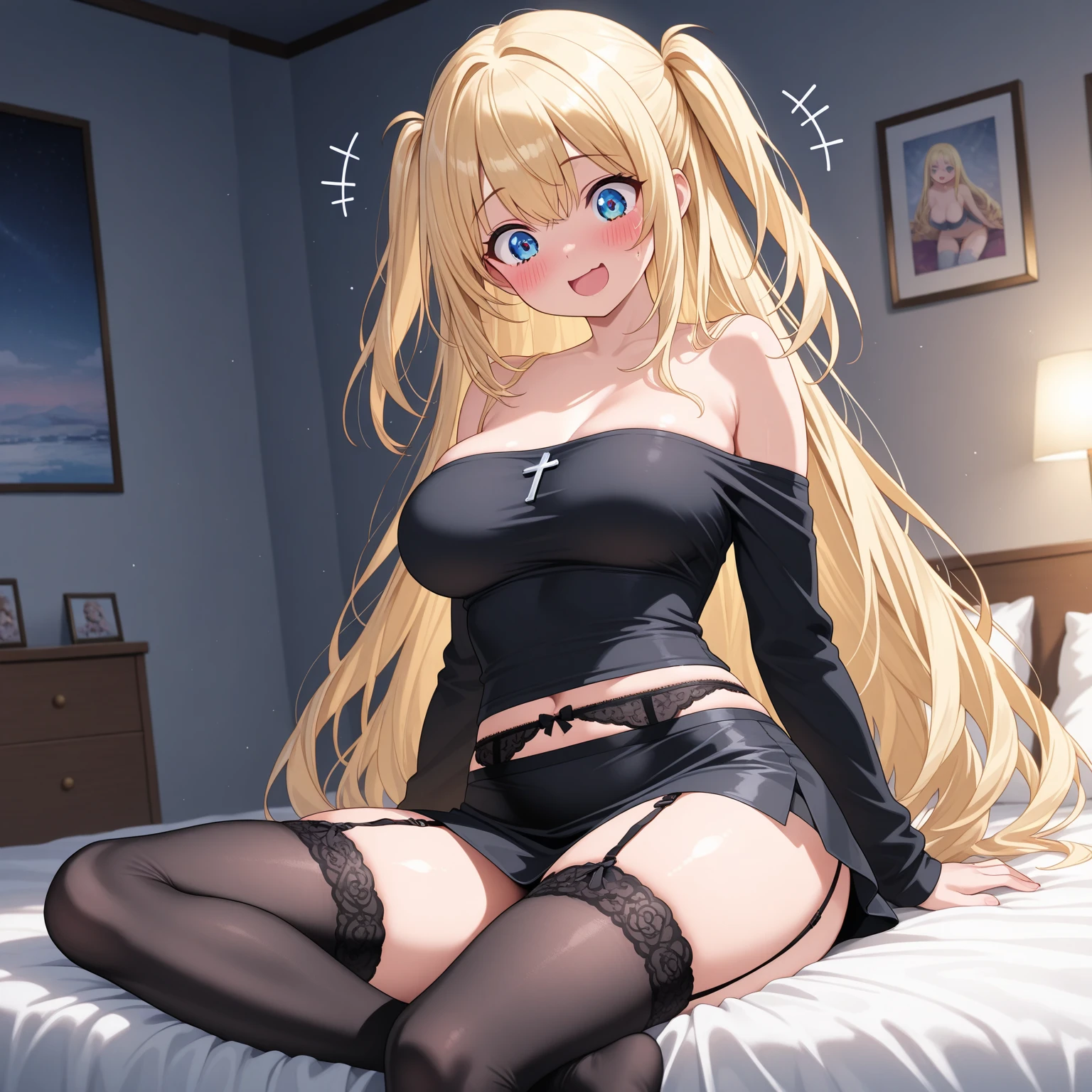 masutepiece, Best Quality,NSFW, 1womanl,Frontal shot of a woman,on the beds,Open your legs,crotch open, ((No Underwear)),Show off your ,Hands behind your back,Looking at Viewer, Cute, medium breasts, Yellow eyes, Behind Wallenstein, Yellow hair, Long hair, Beautiful detailed eyes, embarrassed,red blush,is crying, full of sweat,(Close-up of:1.3), Bandeau Dress,Late night bedroom background, ((mistress, Authority)),