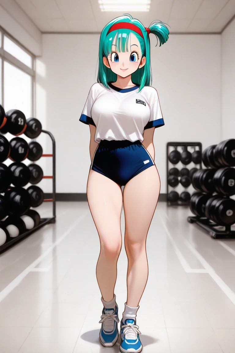 score_9, score_8_up, score_7_up, score_6_up, score_5_up, score_4_up, source_anime, 4k resolution, highest quality, 1girl, large breasts, thin body, beautiful, Comistyle, ubel,green hair, bangs,hair between eyes,side ponytail, purple eyes,black choker, gym_uniform, blue_buruma, white_shirt, cowboy_shot, gym school, indoors , smile, standing, Long white socks 