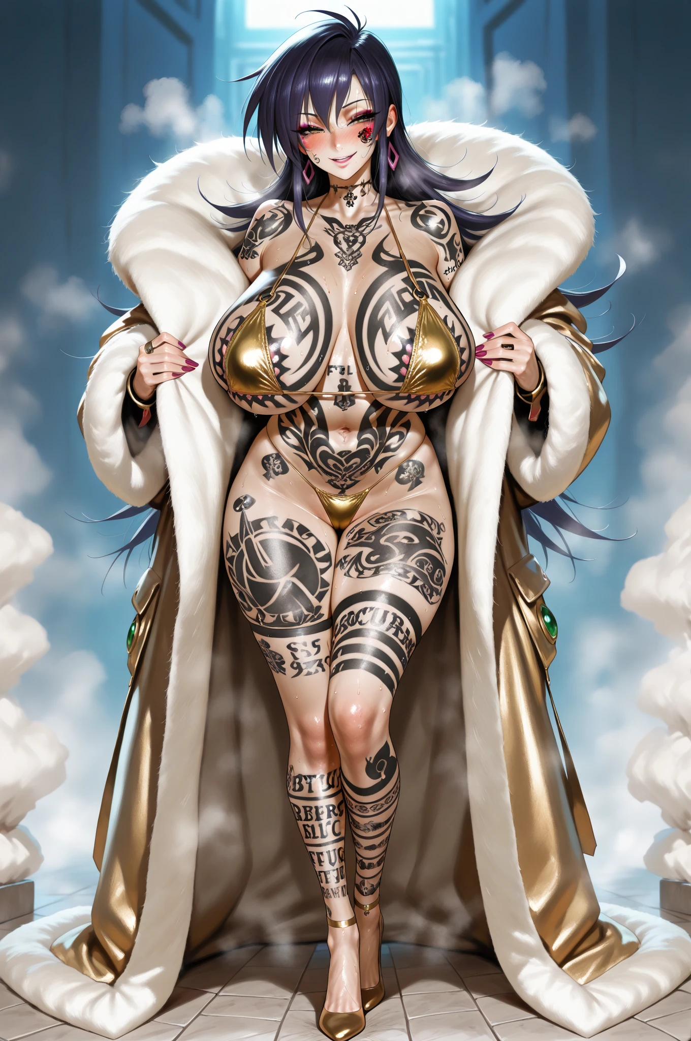 MILF de cuerpo completo BIMBO de pie con dos muslos largos, ojos amarillos, pelo rubio, cabello corto, pechos grandes escote, mangas separadas, ((fondo verse 1:2)), tiara real, capa larga, bikini tigre amarillo, Tacones altos, manos en la cintura, ombligo, cara de sonrisa lujuriosa y sonriente (rubor rojo), hombros de metal, brazales dorados sin mangas, gargantilla negra