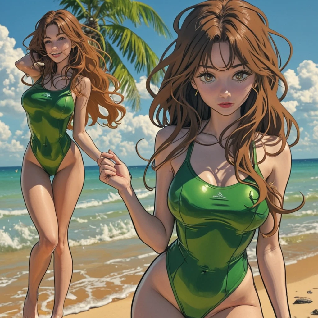 HighesT qualiTy, Official ArT, masTerpiece, Fabric Shading, High resoluTion, Very deTailed, colorful, BesT deTails, (AdulT,30 years old, MaTure Woman, conversion:1.5, Female dog, Long Hair, Brown Hair, Tired Hair, Green swimsuiT:1.5, CenTer of chesT, Puffy nipples:1.3, skinny:1.5, Camel Toe:1.5, Public indecency:1.5, Beach:1.5, derogaTory, people々々々々々Surrounded by:1.5 ,I slicked my hair back...lisTen don'T,