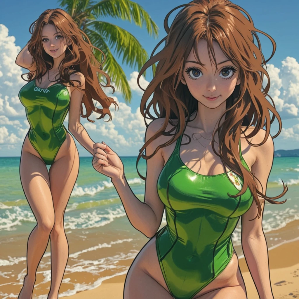 female, green long hair with red highlights, green eyes, (((1girl))), (((forest green one piece swimsuit with red and brown trim))), cute and sexy, full body, modest breasts, modest butt, long legs, smiling
