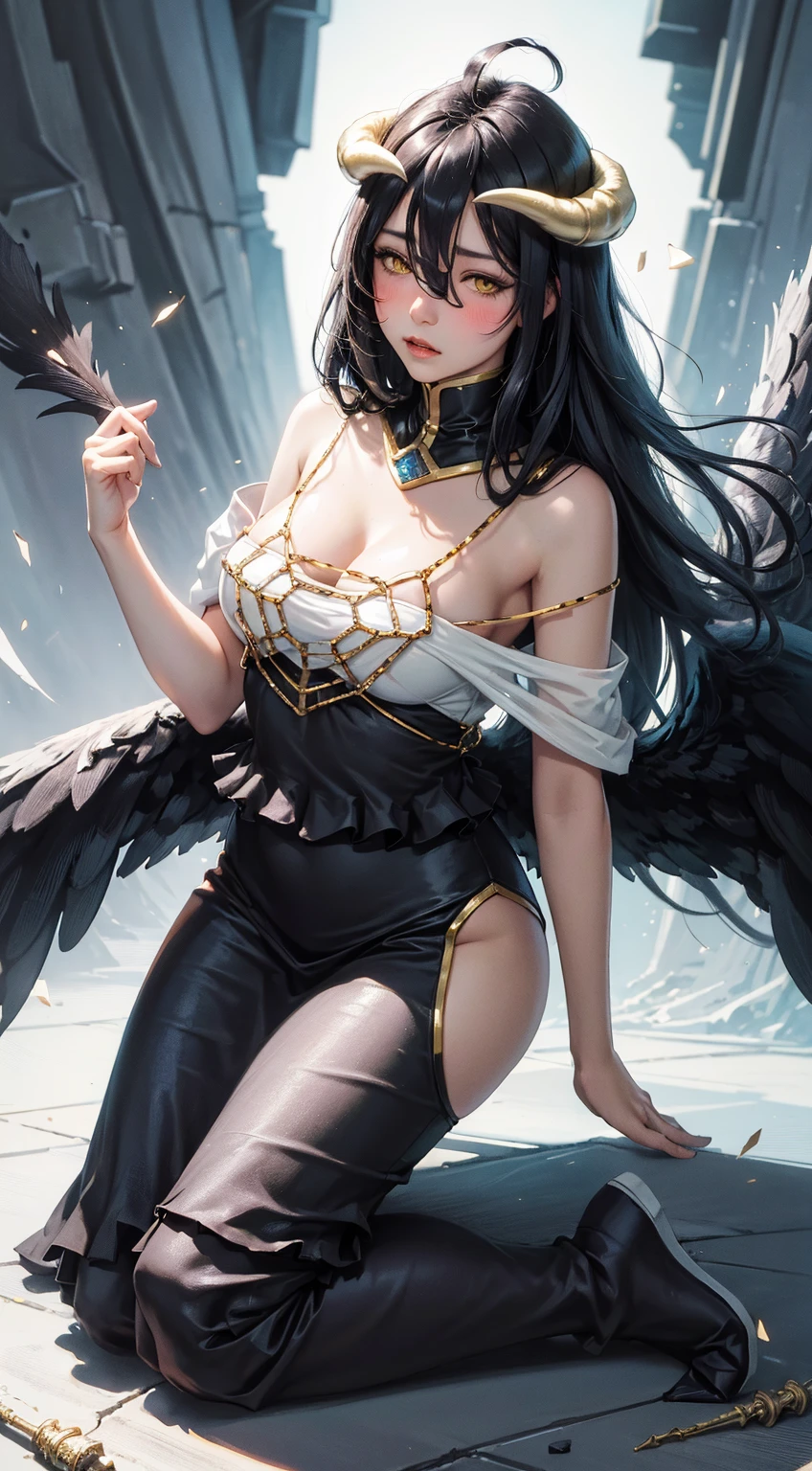 Woman, 1girl, Blue eyes, red lips, Black dress with Golden details, full body, warrior, black birds, white birds, very aesthetic, natural light, intricate, masterpiece, absurdres, best quality, extremaly detailed eyes, gothic, elf, armor, ((long hair)), ((black hair)), white dragon in background, underboobs,