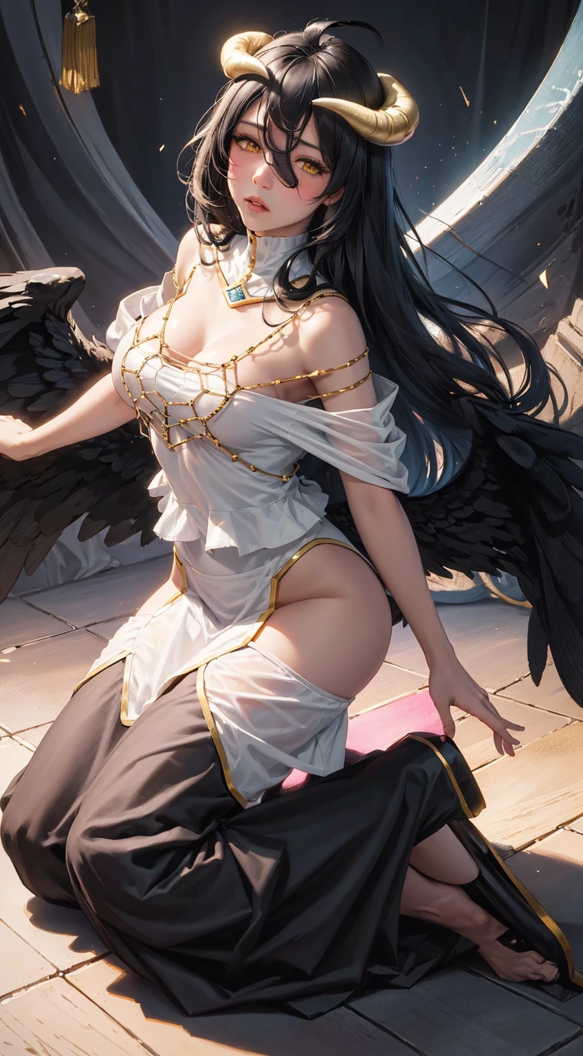 ((best quality)),(Ultra-high resolution),(Super detailed),(Detailed description),((Best CG))(Fantasy art with precise details:1.5), Black Hair，European classical long dress，Hart neckline，(1 Female Angel:1.4),Angel Wings，side，Injuried，Blood，Half kneeling，Serious expression，get shot，Being chopped