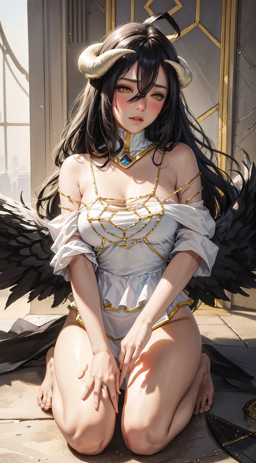 ((On the table, best quality)), Delicate face, Character Design Sheet,whole body, Perfect proportion,Rich in details, Multiple poses and expressions, Very detailed, Martial Arts Girl,Black Wings,Gradient hair color,Golden,Delicate eyes, see through,Angel Wings,cloud,High balance, Halo,Natural light,Starlight decoration,Background greek temple