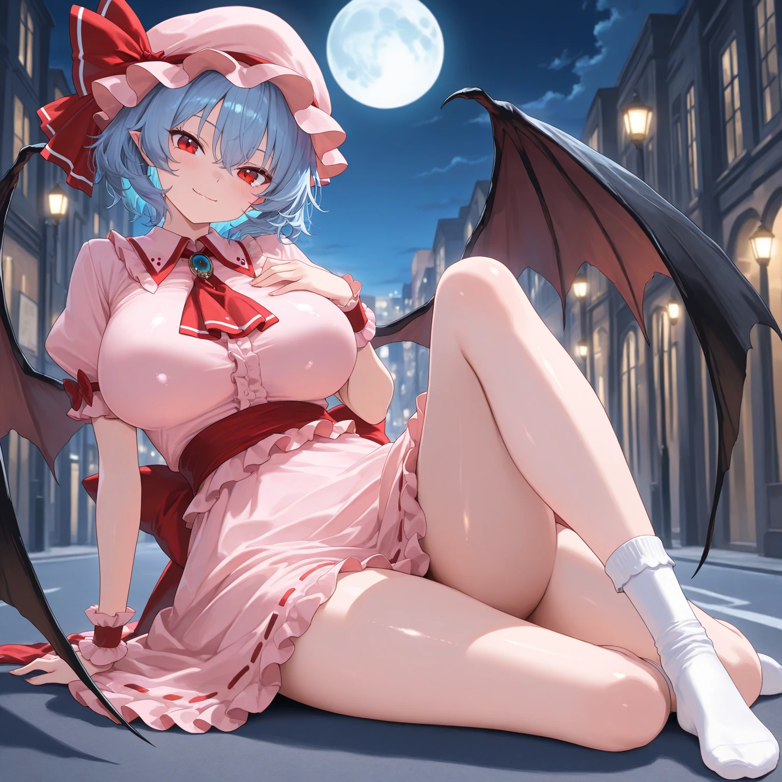 (Remilia toho character), (solo:1.2), (standing on the deck of mansion:1.1), a full moon, midnight, BREAK, short hair, collarbone, (emphasize very perky large breasts:1.1), (emphasize cleavage:1.2), (inconceivably thin waist:1.3), (very short thin torso:1.2), very long (thin legs), emphasize thigh gap, BREAK, (short sheer white dress), shoulder straps, (brown inconceivably wiry corset cinches waist too tight:1.5), frilled (too short white miniskirt), (light blue thighhighs), BREAK, nose blush