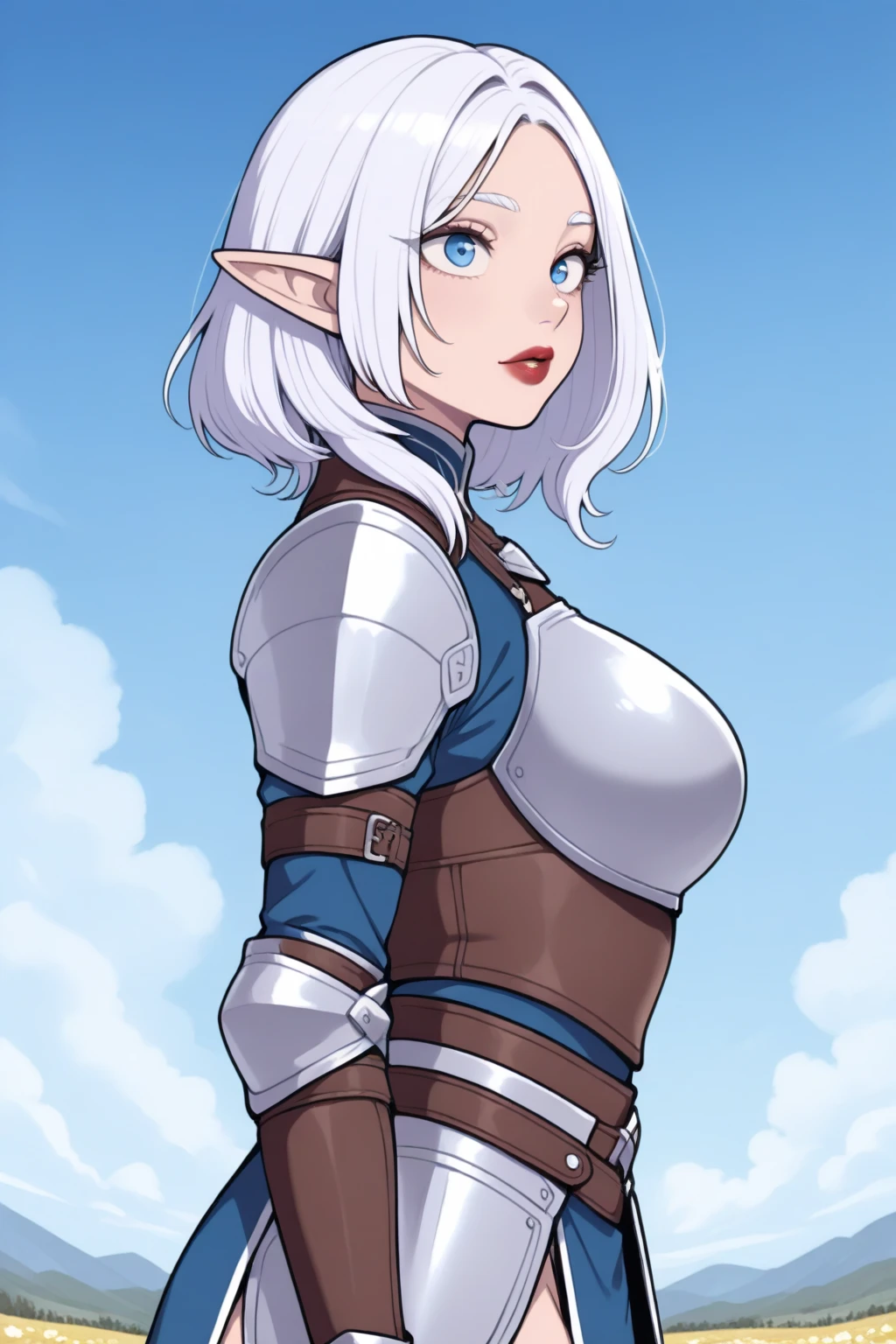 An elf with ridiculously large breasts, extremely humongously comically large breasts under very tight and blue revealing clothing that barely hides anything, muscular. Has very very very large breasts, so gigantic they burst through the clothes. They are sublimely gigantic absolutely enourmous breasts that rip through everything