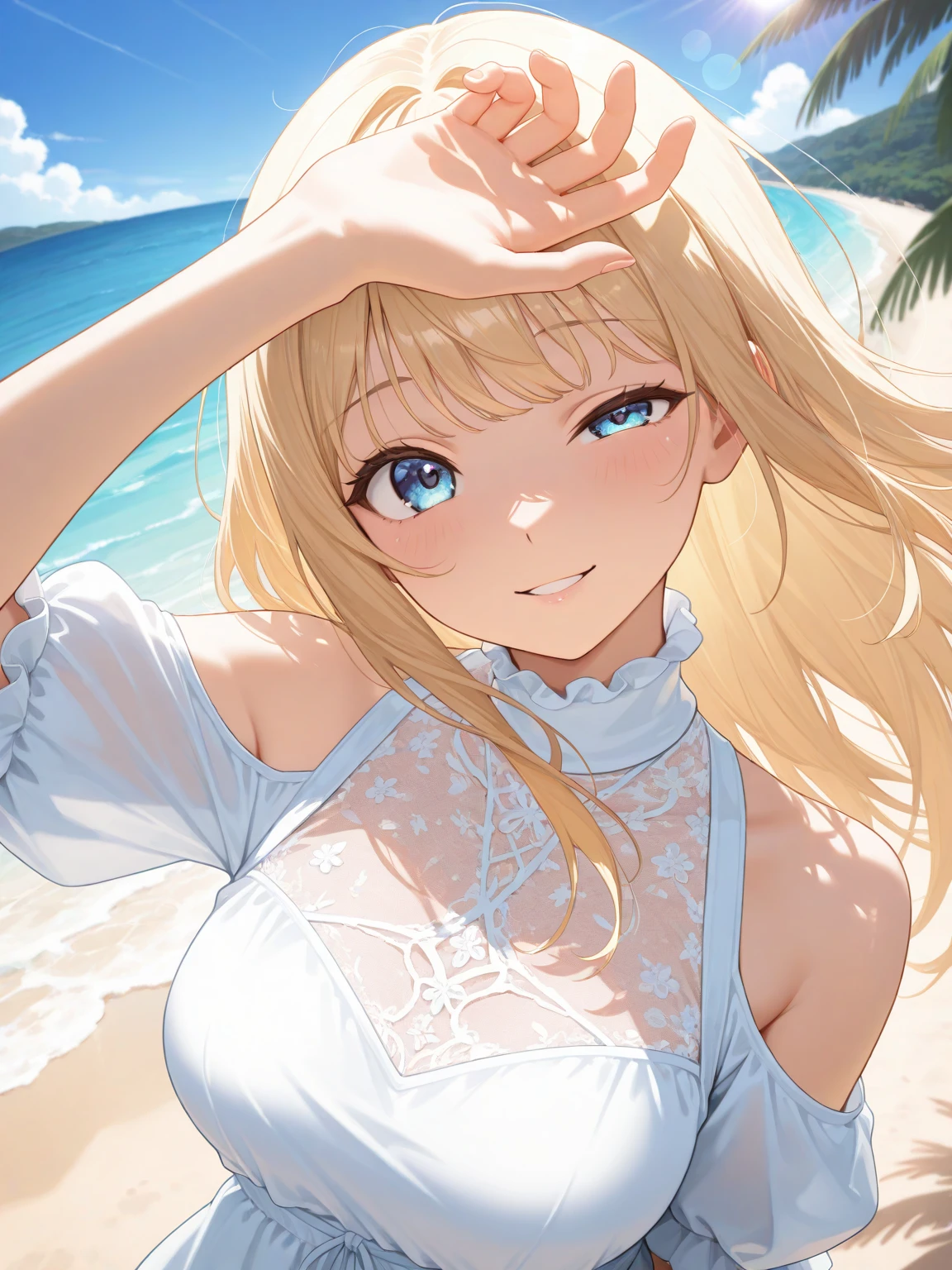 ((Highest quality、8k、masterpiece))、((One Girl))、((cute))、Big smile、blush、Open your mouth、Blonde、ponytail、Ultra detailed face、Very fine eye、Ultra detailed hair、White Bikini、Beautiful beaches、Palm tree、Bright sunlight、Beautiful blue sky