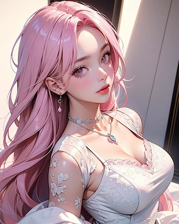 8k, ultra-detailed, high-quality, beautiful woman, slender figure, pink long wavy hair, adorable eyes, pink lipstick, korean makeup, dainty necklace, dainty earrings, pink midi romantic dress, garden cherry blossoms, shiny glitter eye makeup