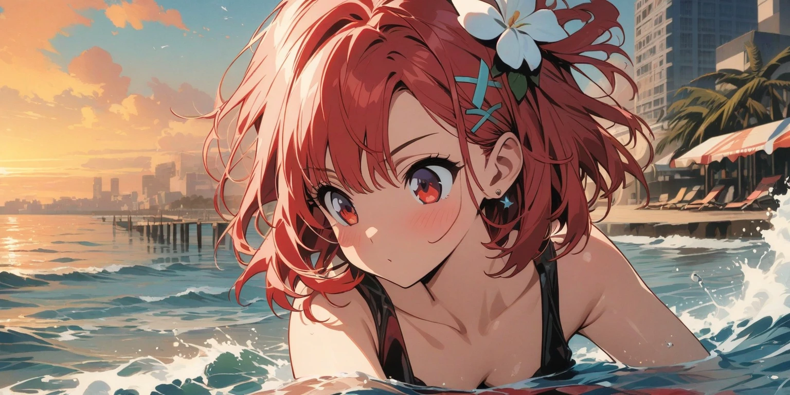 masterpiece, high quality, very detailed, 1girl, sunglasses, red hair, white eyes, colorful, laying in water, pool