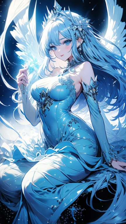 blue theme, Hatsune Miku portrait,masterpiece, magic , (Impossible Dress:1.5), mini skirt, Gradient background, Silver-blue hair, , bangs,Side Chain, pink eyes, (ulzang-6500-v1.1:0.9), Medium chest, Chest, Thigh gap, Hair accessories, arching back, Black_witch_have,complicated_decorate,mystery_fountain,luminescent_crystal