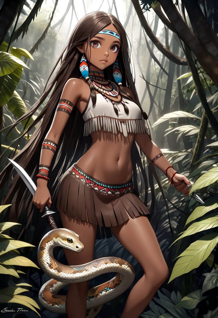 indigenous girl -HD photo - sexy photo -indigenous warrior- full body photo- beautiful legs- forest- high detailed- perfect face- straight black hair- straight bangs -snake- war paint- feather headdress- feathers- 18 years old- bow and arrow- wind- tribe