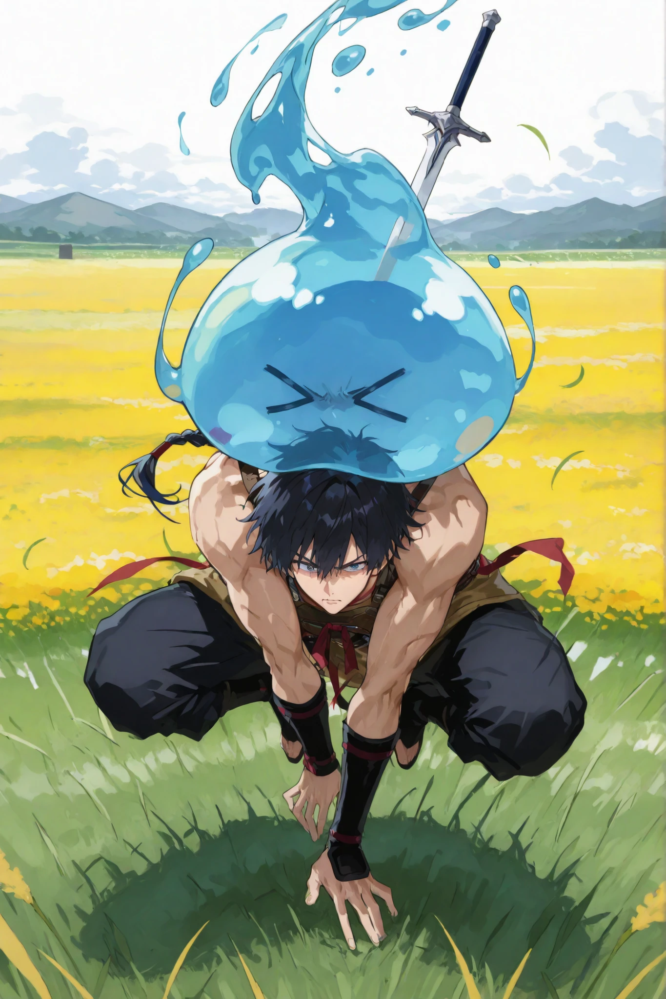 field, slime seen in the distance, man:warrior, Wearing a knife, jumping pose while wearing a sword, Scattered hair, tough, combative, illustration, anime,