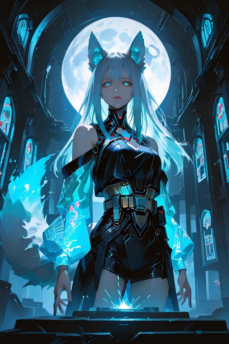 masterpiece, best quality, ultra-detailed, illustration, epic lighting, cinematic composition, 1girl, cute, red sclera,red pupils, cyborgunder, tattoo, green hair, colored skin, small breasts, black jacket, standing, legs apart, enchanting gaze, captivating pose, upper body:1.1, looking at viewer, smirk, closed mouth, outdoors, city, cyberpunk, neon lights, street, thick thighs, highlight buttocks, highlight thighs (night, dark, darkness, pitch black, shadows:1.4), (8k:1.1),  