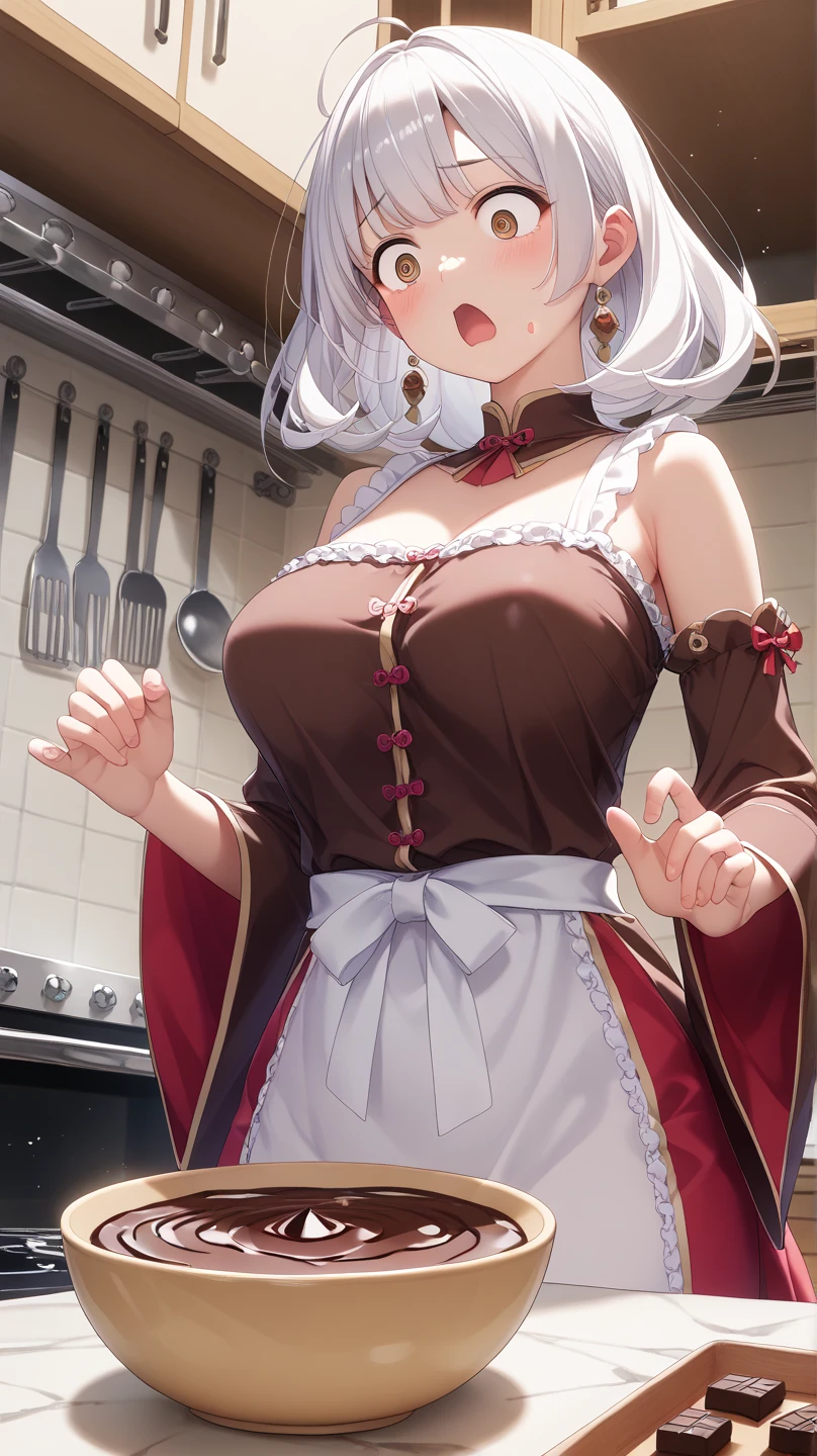 semiramis, (Mother:1.5), (Mature Woman:1.5), (absurderes, 8K, 4K, masutepiece, hyper extreme detailed:1.2), Best Quality, Perfect Anatomy, Perfect face, Facing forward, High humidity, (Very big boobs:1.3), Browsing Caution, smile,dress, Looking down on, sadistic, joy, Fearless smile, kitchen, (apron:1.3), (Sharp Eyes:1.2), Cooking, Holding chopsticks, croquette