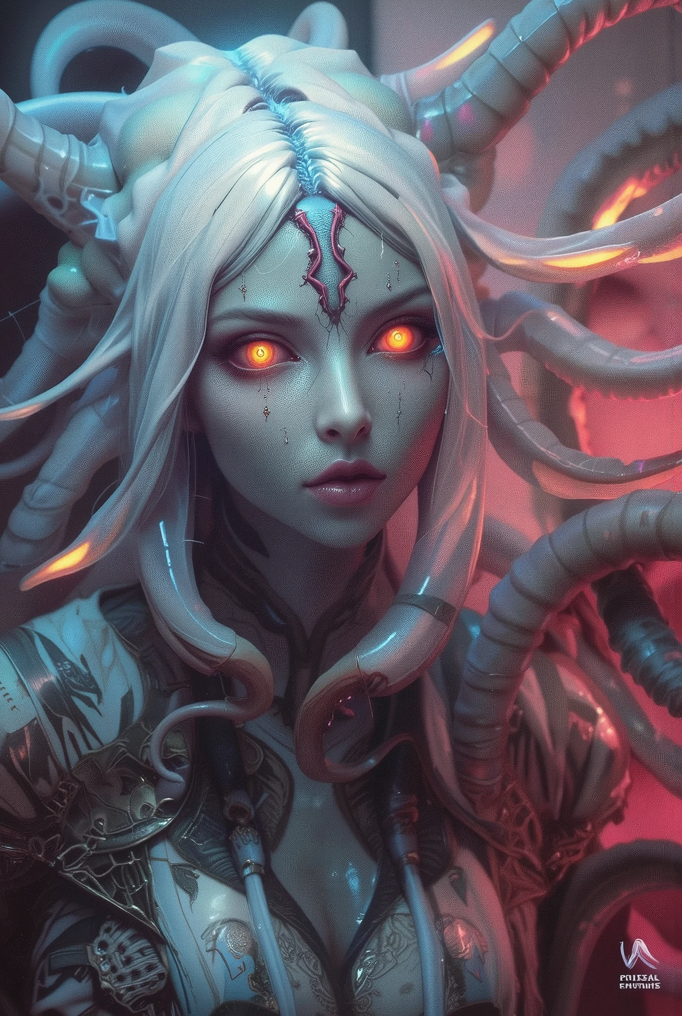 neon colored, (photos realistic:1.7), (1 beautiful and Coquettish female alien:1.4), (There is a female genital-like organ in the middle of her forehead:1.95), She has medusa-like hair, (there are lots of translucent tentacles from her head like her hair:1.5), wearing kimono, (vulgarity1.7), (she is looking down at viewers with glowing red eyes with no pupils:1.6), (She has translucent pale skin:1.4),(She has the most beautiful face in the history of the universe:1.2), (She has multiple bioluminescent organs on the side of her tentacles:1.4), (Her body is covered with an iridescent exoskeleton:1.4), (She is showing her arm pits:1.6), an evil gaze that seduces, (looking down at viewers:1.4), (bio luminescent:1.4), (Smile wickedly:1.3), (ypose:1.4), cells are fused, extraterrestrial, cell, bio image, ultra high resolution, Beautiful eyes with fine symmetry,(Highly detailed face and eyes:1.2),(Super detailed skin quality feeling:1.4), perfect anatomy, (Beautiful toned body:1.5), (Moist skin:1.2), not wearing makeup, (dark circles:1.1), cinematic drawing of characters, cinematic quality, (exquisite details:1.2), high resolution, High freshness, drawing faithfully, official art, Unity 8K Wall paper, ultra detailed artistic photography, midnight aura, unreal engine 5, Ultra Sharp Focus, art by MUCHA, art by Amano Yoshitaka, ArtGerm, ultra realistic realism, dream-like, Creation of (Numerous award-winning masterpieces, with incredible detail, textures and maximum detail), Dramatic Lighting, cinematic quality, (exquisite details:1.2), High freshness, drawing faithfully,, dream Snail, (biopunk nautilus:1.3),Thrilling color schemes, seductively smiling, Amazing mutation, well-proportioned body, goddess of the deep sea, fractal, Geometric pattern, impossible figures, subtle emerald green accents, (expression of ecstasy:1.5),