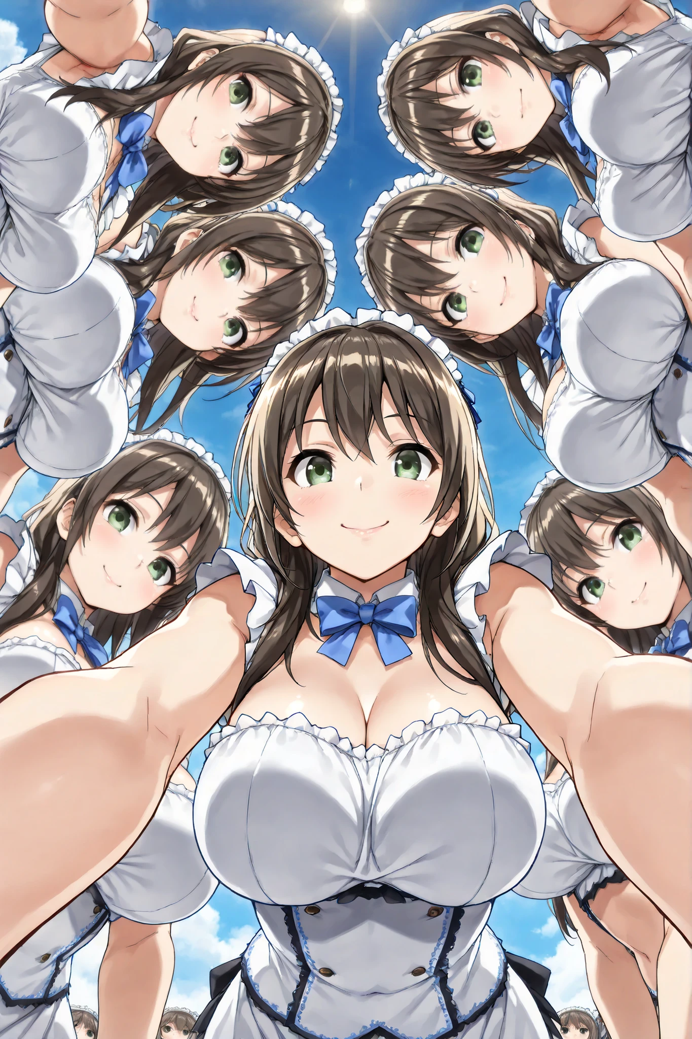 score_9,_up score_8_up, score_7_up, real_Anime, BREAK ((masterpiece, top quality, best image quality, high resolution, highly detailed CG integration 8K wallpaper)), clone girls, clone twins, 6+clone girls, Clone girls only world, beautiful young woman background, cute smile, beautiful eyes carefully drawn down to the smallest detail, shiny lips ,realなスキンテクスチャー, Glossy Skin, Smooth Hair , Super Big Breasts, beautiful round breasts, Tight Waist, wide hips, Attractive perfect body , Clothed woman), (accurate 3Point perspective drawing, Very Accurate Perspective Depiction, Ultra-wide field of view, from below), (Super crowded , Super dense, Super tight , Fill in a super large amount, open legs, is on all fours, chest matching), (clone girls cowgirl selfie play), 
