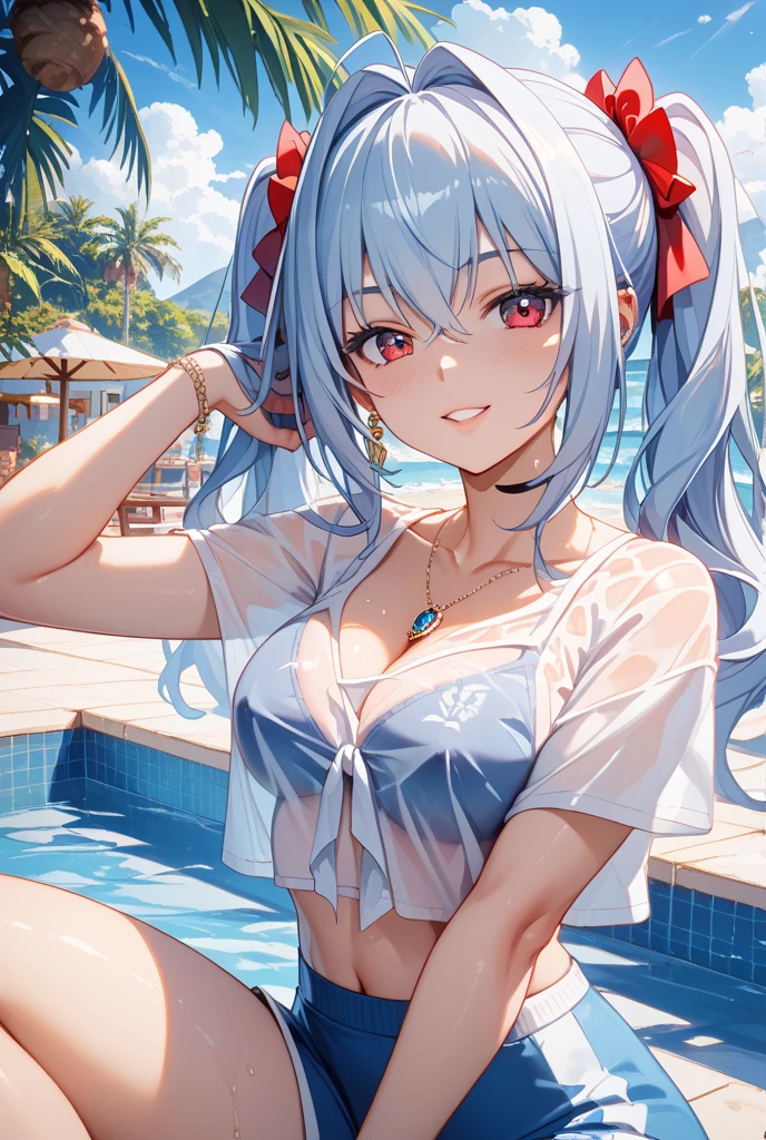 (August pool party, Beautiful woman, long whitr hair)