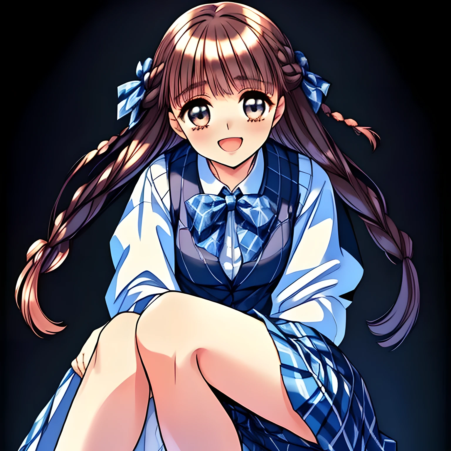 (highest quality, masterpiece, clearly detailed:1.5), ((highest quality)), ((High resolution)), (So cute face, most beloved, neatest elder knowledgeable ((completely perfect beautifully grown and evolved with grace, but bewitching)), noble beautiful beautiful fashion models with detailed, ((svelte silhouette)), Cloistered beauty, Pristine atmosphere, with beautiful hands and fingers, 160cm height, with detailed: 1.4), (laughing white shiny face with unreal beauty, overflowing with translucence and cute laugh at me, with detailed: 2.0), ((Neatest school winter vest-style uniform, pristine (white clean silk blouse with sleeves) under the dark navy-blue vest, and ((dark navy-blue & dark-blue shiny checker (knee-length) plaid pleats school skirt)), shiny-blue bow-tie, with detailed: 1.8)), (Beautiful brown (Japanese (dolly) popular fashion model's ((super-intelligent cool)) eyes): 1.5), (clearly detailed foreground: 1.9), ((purity and neatness of pristine school uniform is very impressing): 1.8), (focus on her twin-braids hair and neat skirt: 1.9), (shiny brown twin-braids styled hair, bangs trimmed carefully: 1.7), (plain black background: 2.0), (儚げ, Make the viewer dream about their body continuously everyday: 2.0), (Promotion of lady's high-class cheat-strategy school to make men fall into love and realize deep allured desire by pure beauty and talk: 1.8)